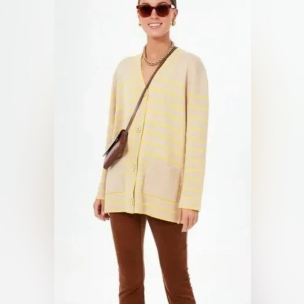 Tuckernuck Chai Stripe Lauren Cardigan Sweater in Beige and Yellow.